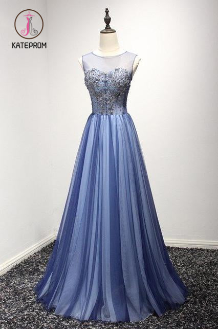 Kateprom New Arrival A Line Cheap Sheer Neck Prom Dress with Rhinestones, Long Tulle Party Dress KPP0933