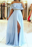 Kateprom Light Blue Off the Shoulder Split Prom Dress with Beading Waist, Flowy Party Dresses KPP0934