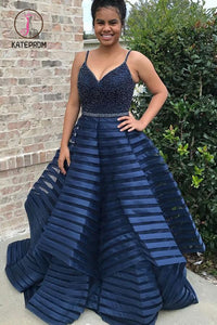 Kateprom Dark Blue Spaghetti Straps Puffy Prom Dress with Beads, Unique Long Evening Dresses KPP0935