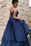 Kateprom Dark Blue Spaghetti Straps Puffy Prom Dress with Beads, Unique Long Evening Dresses KPP0935