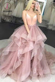 Kateprom Spaghetti Strap V Neck Puffy Long Prom Dresses, Unique Long Party Dress with Ruffles KPP0936