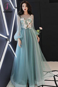 Kateprom Charming Long Sleeves Tulle Prom Dress with Flowers, A Line Floor Length Party Dress KPP0937