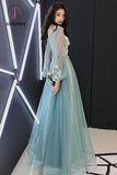 Kateprom Charming Long Sleeves Tulle Prom Dress with Flowers, A Line Floor Length Party Dress KPP0937