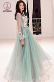 Kateprom Charming Long Sleeves Tulle Prom Dress with Flowers, A Line Floor Length Party Dress KPP0937