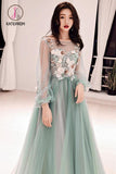 Kateprom Charming Long Sleeves Tulle Prom Dress with Flowers, A Line Floor Length Party Dress KPP0937