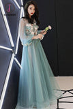 Kateprom Charming Long Sleeves Tulle Prom Dress with Flowers, A Line Floor Length Party Dress KPP0937