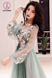 Kateprom Charming Long Sleeves Tulle Prom Dress with Flowers, A Line Floor Length Party Dress KPP0937