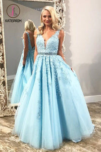 Kateprom Light Sky Blue V Neck Tulle Prom Dress with Lace Appliques, Long Formal Dress with Beads KPP0938