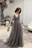 Kateprom Dark Gray V Neck Sparkly Beading Prom Dress with Sequins, Long Tulle Prom Gown KPP0940