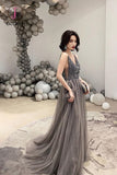 Kateprom Dark Gray V Neck Sparkly Beading Prom Dress with Sequins, Long Tulle Prom Gown KPP0940