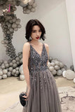 Kateprom Dark Gray V Neck Sparkly Beading Prom Dress with Sequins, Long Tulle Prom Gown KPP0940