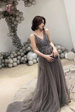 Kateprom Dark Gray V Neck Sparkly Beading Prom Dress with Sequins, Long Tulle Prom Gown KPP0940