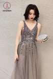 Kateprom Dark Gray V Neck Sparkly Beading Prom Dress with Sequins, Long Tulle Prom Gown KPP0940