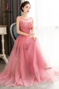 Kateprom Pink Sleeveless Prom Dress with Flowers, A Line Floor Length Tulle Evening Dress KPP0941