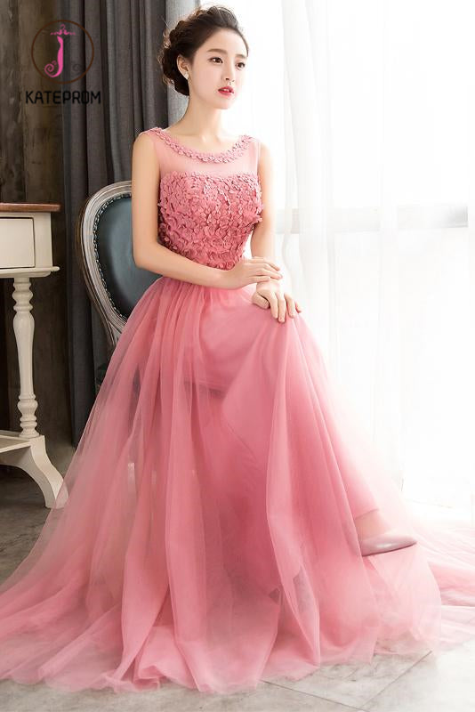 Kateprom Pink Sleeveless Prom Dress with Flowers, A Line Floor Length Tulle Evening Dress KPP0941