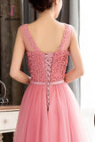 Kateprom Pink Sleeveless Prom Dress with Flowers, A Line Floor Length Tulle Evening Dress KPP0941