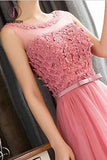 Kateprom Pink Sleeveless Prom Dress with Flowers, A Line Floor Length Tulle Evening Dress KPP0941