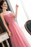 Kateprom Pink Sleeveless Prom Dress with Flowers, A Line Floor Length Tulle Evening Dress KPP0941