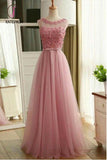 Kateprom Pink Sleeveless Prom Dress with Flowers, A Line Floor Length Tulle Evening Dress KPP0941