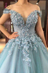 Kateprom Puffy Off the Shoulder Tulle Floor Length Prom Dress with Flowers, Party Dress with Beads KPP0942