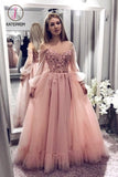 Kateprom Blush Pink Prom Dresses With Long Sleeves, A Line Elegant Evening Dress with Applique KPP0944