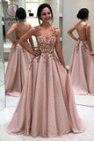 Kateprom A Line Sheer Neck Long Prom Dress with Beads, Appliqued Long Evening Dress with Sheer Back KPP0945