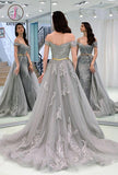 Kateprom A-Line Appliques Off-the-Shoulder Gray Evening Dress With Sashes, Long Tulle Prom Dress KPP0948