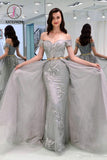 Kateprom A-Line Appliques Off-the-Shoulder Gray Evening Dress With Sashes, Long Tulle Prom Dress KPP0948