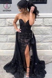 Kateprom Black Sweetheart Tulle Prom Dress with Lace Appliques, Long Strapless Split Formal Dress KPP0952