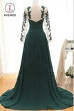 Kateprom Dark Green Long Sleeves Long Evening Dress with Appliques, Long Prom Dress with Sleeves KPP0954