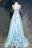 Kateprom Unique Light Blue Cap Sleeves Prom Dress with Beading, Gorgeous Applique Formal Dress KPP0956