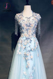 Kateprom Unique Light Blue Cap Sleeves Prom Dress with Beading, Gorgeous Applique Formal Dress KPP0956