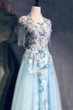 Kateprom Unique Light Blue Cap Sleeves Prom Dress with Beading, Gorgeous Applique Formal Dress KPP0956