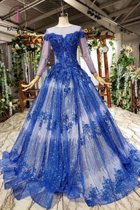 Kateprom Gorgeous Long Sleeve Sheer Neck Tulle Blue Applique Ball Gown Prom Dresses with Beads KPP0957