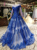 Kateprom Gorgeous Long Sleeve Sheer Neck Tulle Blue Applique Ball Gown Prom Dresses with Beads KPP0957