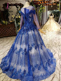 Kateprom Gorgeous Long Sleeve Sheer Neck Tulle Blue Applique Ball Gown Prom Dresses with Beads KPP0957