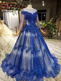 Kateprom Gorgeous Long Sleeve Sheer Neck Tulle Blue Applique Ball Gown Prom Dresses with Beads KPP0957