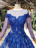 Kateprom Gorgeous Long Sleeve Sheer Neck Tulle Blue Applique Ball Gown Prom Dresses with Beads KPP0957