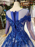 Kateprom Gorgeous Long Sleeve Sheer Neck Tulle Blue Applique Ball Gown Prom Dresses with Beads KPP0957