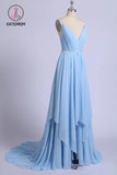 Kateprom Sky Blue V Neck Prom Dresses, Sexy Backless Spaghetti Straps Pleated Long Formal Dress KPP0959