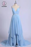 Kateprom Sky Blue V Neck Prom Dresses, Sexy Backless Spaghetti Straps Pleated Long Formal Dress KPP0959