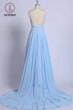 Kateprom Sky Blue V Neck Prom Dresses, Sexy Backless Spaghetti Straps Pleated Long Formal Dress KPP0959