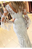 Kateprom White V Neck Long Prom Dress, Mermaid Lace Appliqued Evening Dress with Sleeves KPP0962