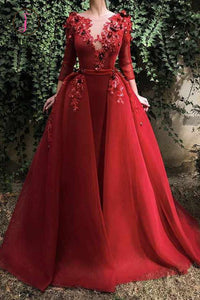 Kateprom Red Long Prom Dress with 3/4 Sleeves, Puffy Organza Formal Dresses with Flowers KPP0963