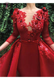 Kateprom Red Long Prom Dress with 3/4 Sleeves, Puffy Organza Formal Dresses with Flowers KPP0963