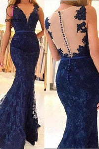 Kateprom Navy Blue Sleeveless Lace Formal Dresses, Mermaid Sheer Back Lace Prom Gown KPP0964