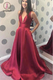 Kateprom Simple A-line V-neck Satin Long Cheap Red Puffy Prom Dresses with Pocket KPP0975