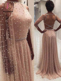 Kateprom Unique A Line Backless Long Prom Dresses with Pearls, Gorgeous Long Evening Dress KPP0980