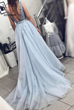 Kateprom Blue V Neck Tulle Beading Long Prom Dress, Gorgeous Backless Long Evening Dresses KPP0981