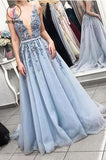 Kateprom Blue V Neck Tulle Beading Long Prom Dress, Gorgeous Backless Long Evening Dresses KPP0981